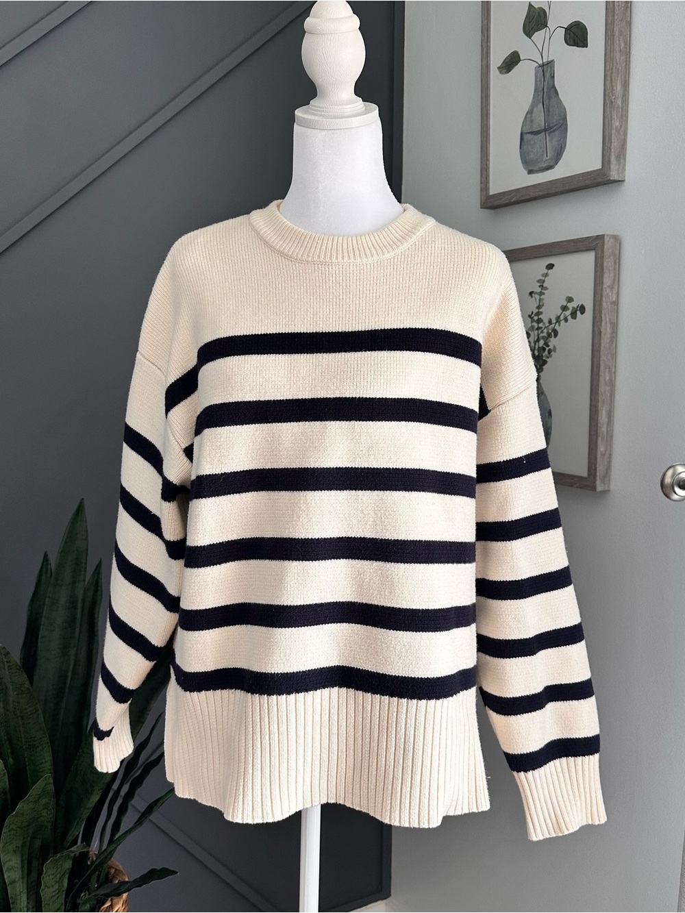 Zara Cream and Black Striped Crewneck Sweater